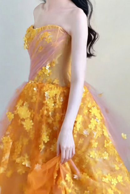 Glam Strapless Orange Prom Dress Appliques Sequins A-Line Evening Dress GG6293