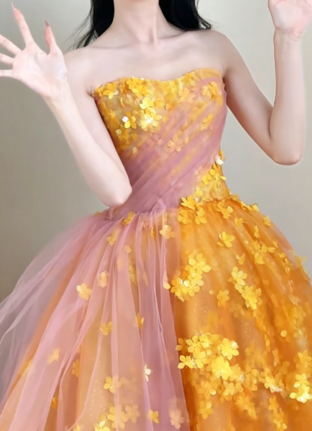 Glam Strapless Orange Prom Dress Appliques Sequins A-Line Evening Dress GG6293