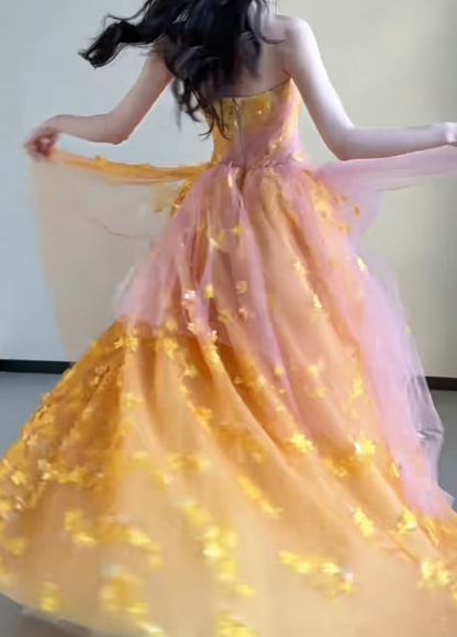 Glam Strapless Orange Prom Dress Appliques Sequins A-Line Evening Dress GG6293