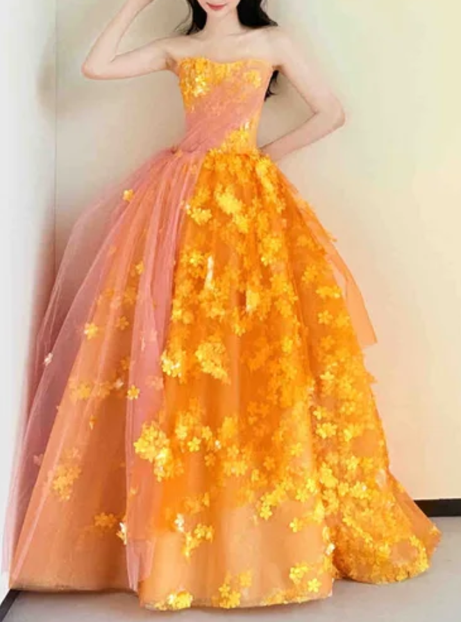 Glam Strapless Orange Prom Dress Appliques Sequins A-Line Evening Dress GG6293
