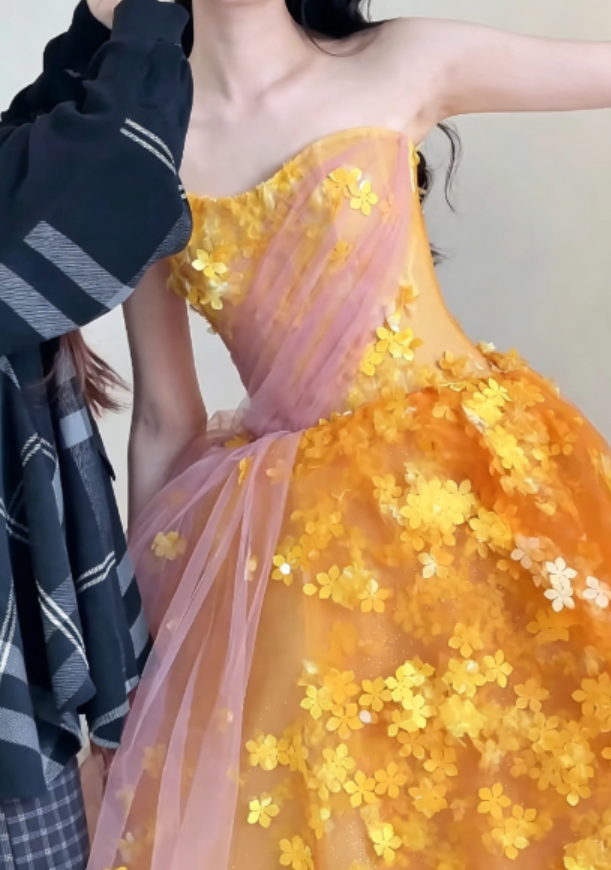 Glam Strapless Orange Prom Dress Appliques Sequins A-Line Evening Dress GG6293