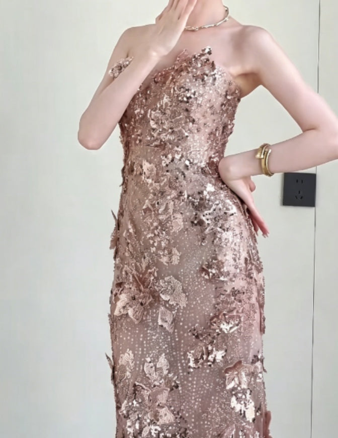 Glittering Strapless Gold Prom Dress Appliques Sequins Mermaid Evening Dress GG6295