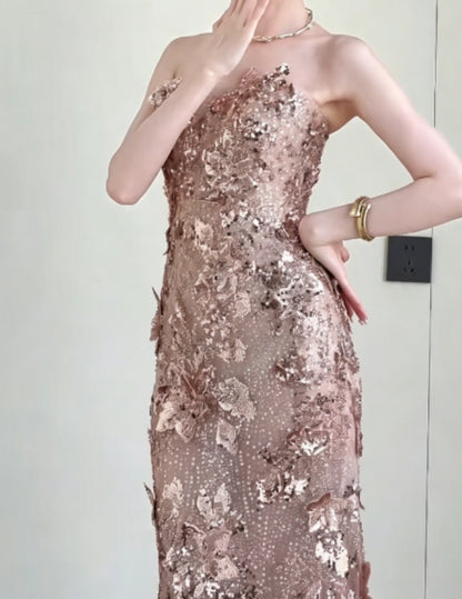 Glittering Strapless Gold Prom Dress Appliques Sequins Mermaid Evening Dress GG6295