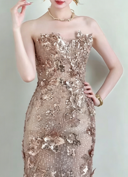 Glittering Strapless Gold Prom Dress Appliques Sequins Mermaid Evening Dress GG6295