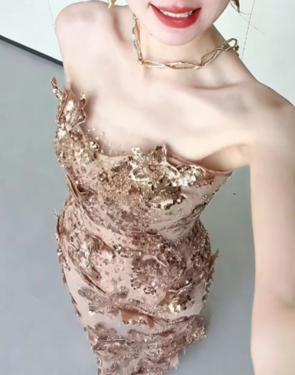 Glittering Strapless Gold Prom Dress Appliques Sequins Mermaid Evening Dress GG6295