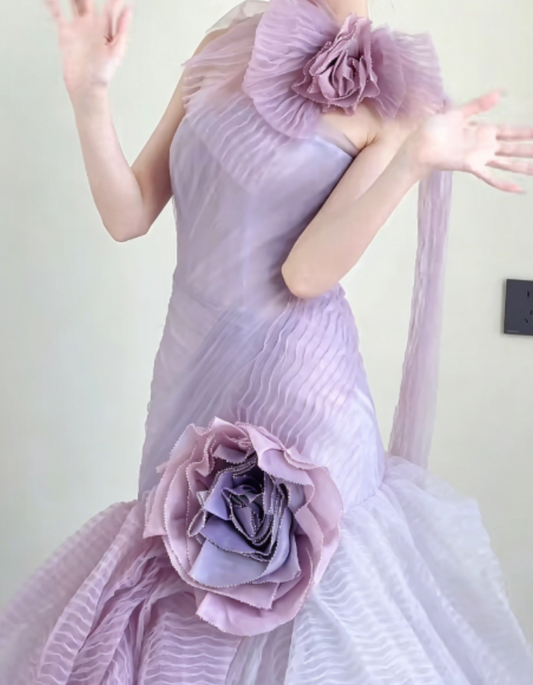 Romantic One Shoulder Purple Prom Dress Handmade Flowers Tulle Mermaid Evening Dress GG6298