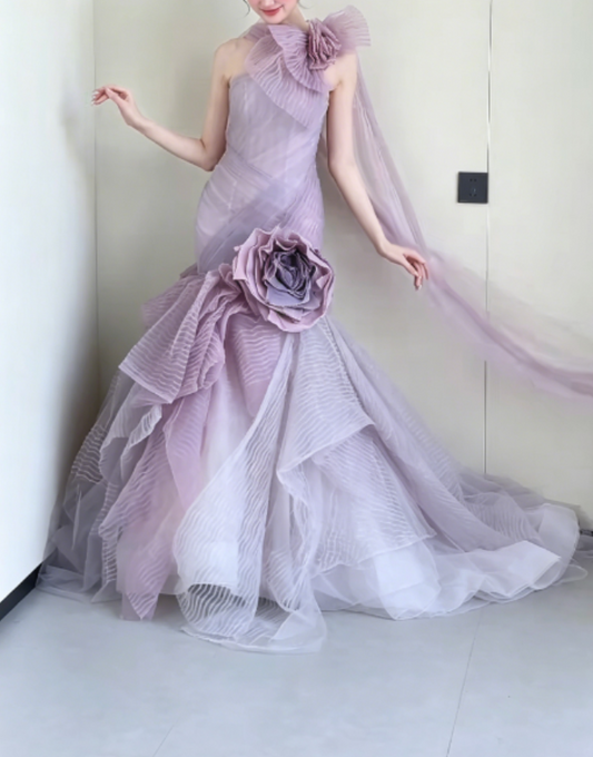 Romantic One Shoulder Purple Prom Dress Handmade Flowers Tulle Mermaid Evening Dress GG6298