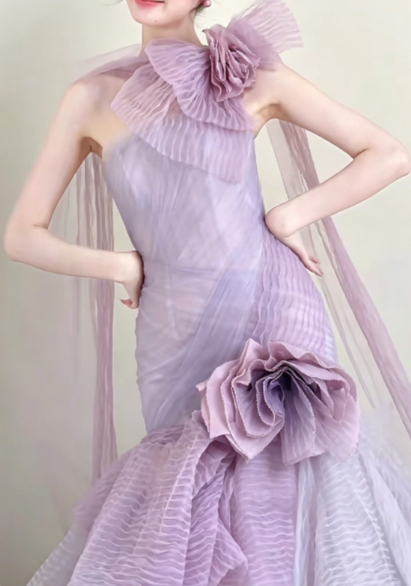 Romantic One Shoulder Purple Prom Dress Handmade Flowers Tulle Mermaid Evening Dress GG6298