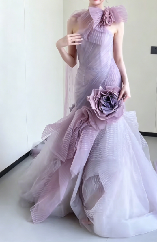 Romantic One Shoulder Purple Prom Dress Handmade Flowers Tulle Mermaid Evening Dress GG6298