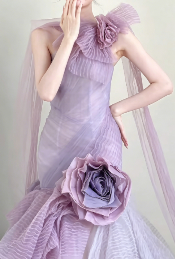 Romantic One Shoulder Purple Prom Dress Handmade Flowers Tulle Mermaid Evening Dress GG6298