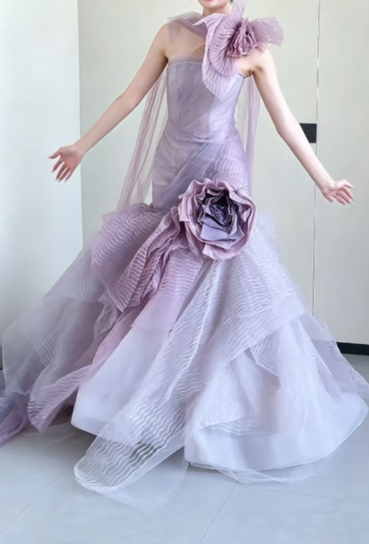 Romantic One Shoulder Purple Prom Dress Handmade Flowers Tulle Mermaid Evening Dress GG6298