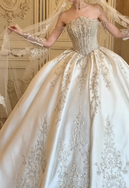 Exquisite Off-Shoulder White Wedding Dress Beaded Satin A-Line Bridal Dress GG6301
