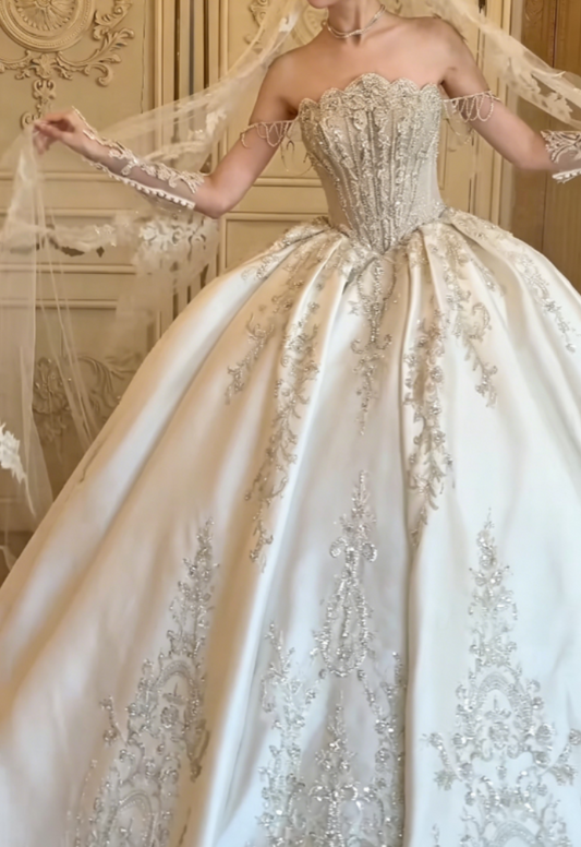 Exquisite Off-Shoulder White Wedding Dress Beaded Satin A-Line Bridal Dress GG6301