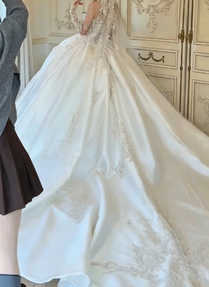 Exquisite Off-Shoulder White Wedding Dress Beaded Satin A-Line Bridal Dress GG6301
