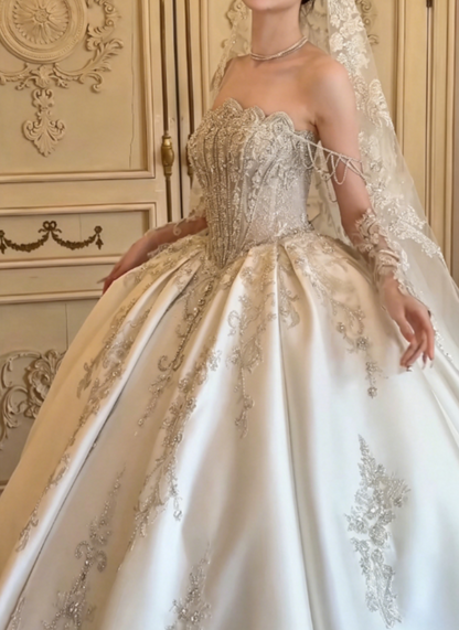 Exquisite Off-Shoulder White Wedding Dress Beaded Satin A-Line Bridal Dress GG6301