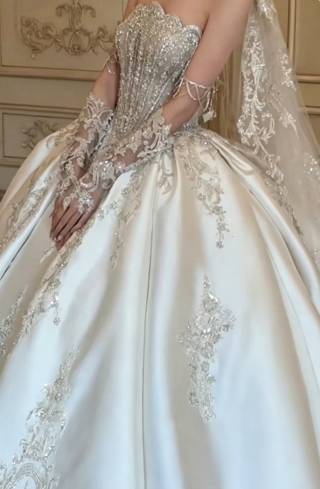 Exquisite Off-Shoulder White Wedding Dress Beaded Satin A-Line Bridal Dress GG6301