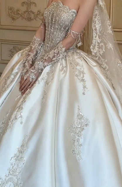 Exquisite Off-Shoulder White Wedding Dress Beaded Satin A-Line Bridal Dress GG6301