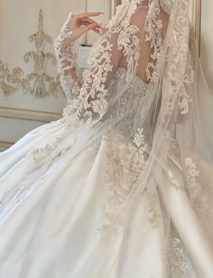 Exquisite Off-Shoulder White Wedding Dress Beaded Satin A-Line Bridal Dress GG6301