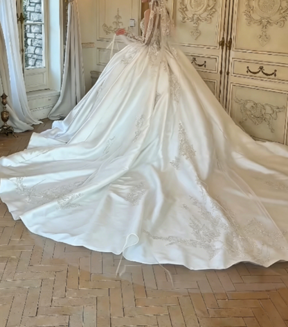 Exquisite Off-Shoulder White Wedding Dress Beaded Satin A-Line Bridal Dress GG6301