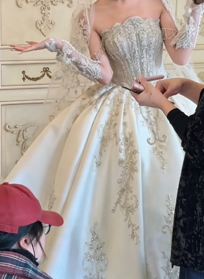 Exquisite Off-Shoulder White Wedding Dress Beaded Satin A-Line Bridal Dress GG6301