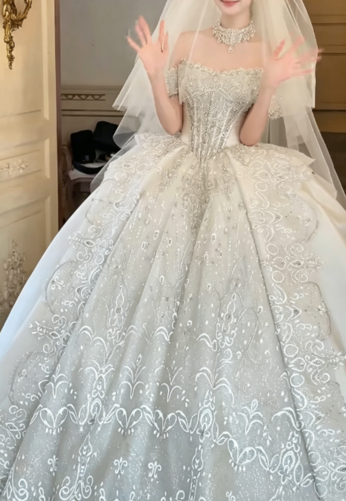 Charming Off-Shoulder White Satin Wedding Dress Sequins Beaded A-Line Bridal Dress GG6302