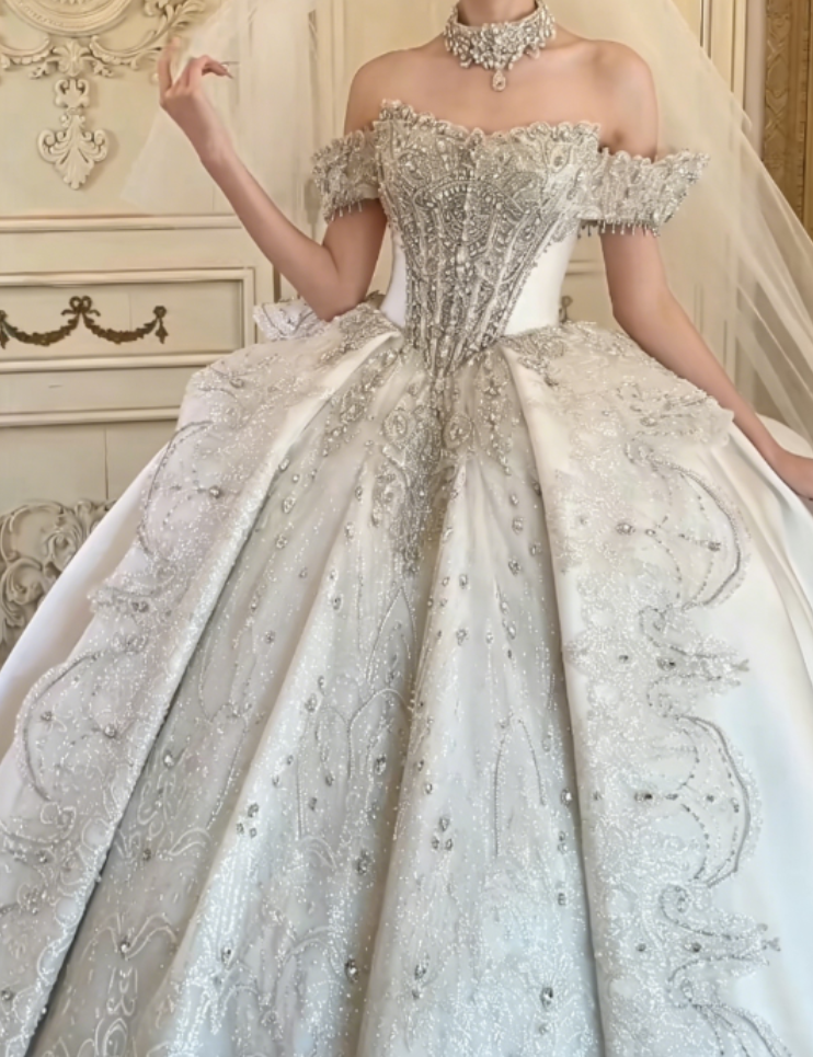 Charming Off-Shoulder White Satin Wedding Dress Sequins Beaded A-Line Bridal Dress GG6302