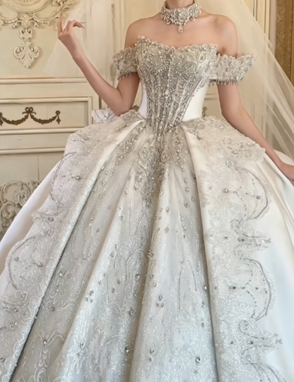Charming Off-Shoulder White Satin Wedding Dress Sequins Beaded A-Line Bridal Dress GG6302