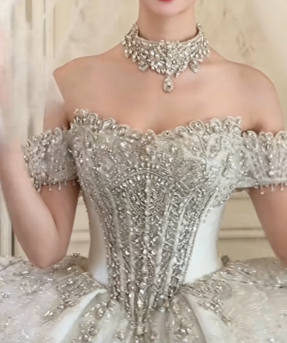 Charming Off-Shoulder White Satin Wedding Dress Sequins Beaded A-Line Bridal Dress GG6302