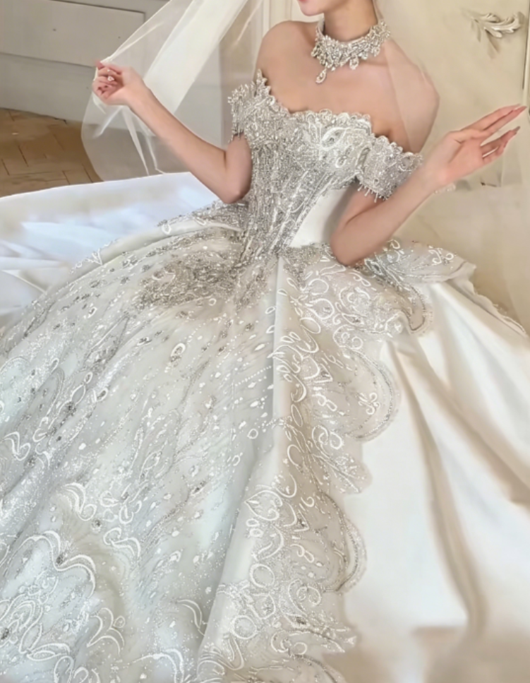 Charming Off-Shoulder White Satin Wedding Dress Sequins Beaded A-Line Bridal Dress GG6302