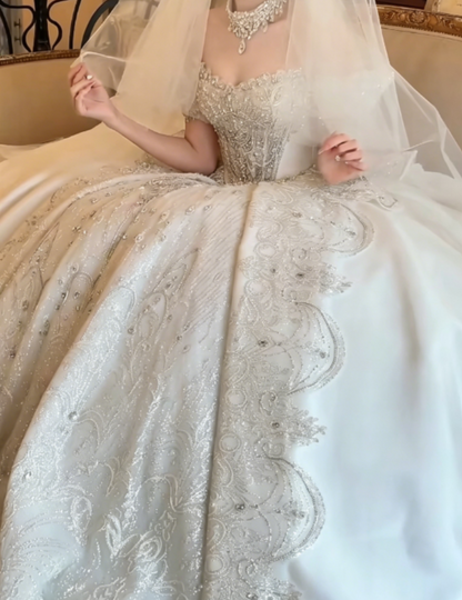 Charming Off-Shoulder White Satin Wedding Dress Sequins Beaded A-Line Bridal Dress GG6302