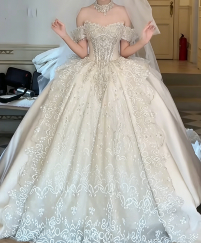 Charming Off-Shoulder White Satin Wedding Dress Sequins Beaded A-Line Bridal Dress GG6302