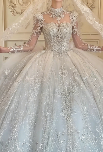 Romantic High Collar Beaded Wedding Dress Long Sleeve Sequins A-Line Bridal Dress GG6303