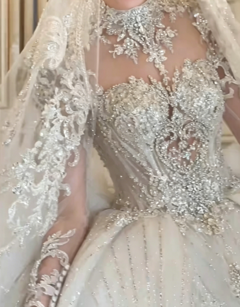 Romantic High Collar Beaded Wedding Dress Long Sleeve Sequins A-Line Bridal Dress GG6303