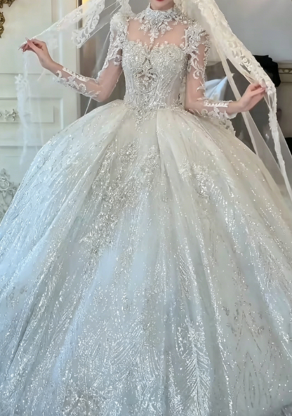Romantic High Collar Beaded Wedding Dress Long Sleeve Sequins A-Line Bridal Dress GG6303