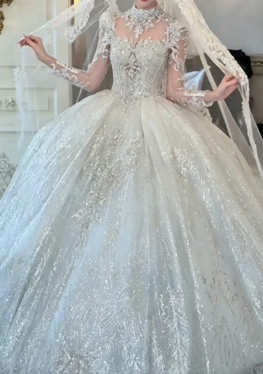 Romantic High Collar Beaded Wedding Dress Long Sleeve Sequins A-Line Bridal Dress GG6303