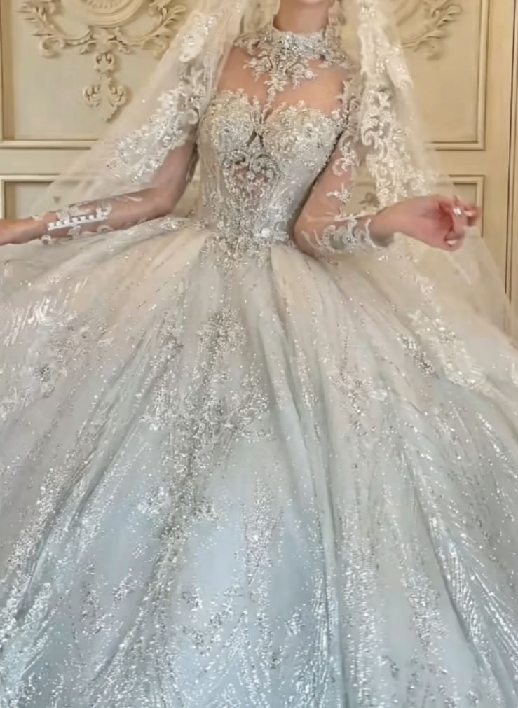 Romantic High Collar Beaded Wedding Dress Long Sleeve Sequins A-Line Bridal Dress GG6303