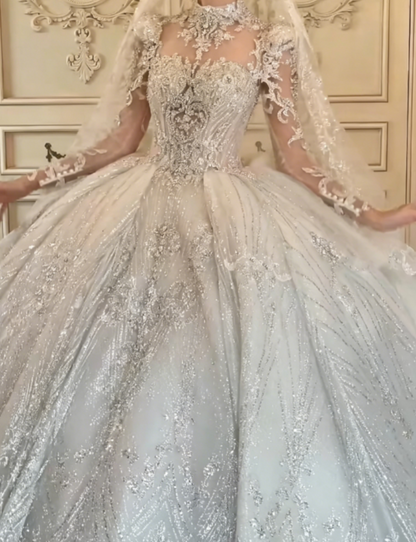 Romantic High Collar Beaded Wedding Dress Long Sleeve Sequins A-Line Bridal Dress GG6303