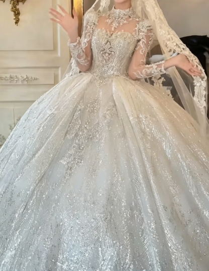 Romantic High Collar Beaded Wedding Dress Long Sleeve Sequins A-Line Bridal Dress GG6303