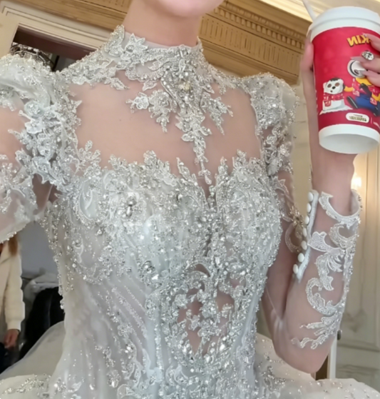 Romantic High Collar Beaded Wedding Dress Long Sleeve Sequins A-Line Bridal Dress GG6303
