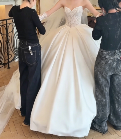 Ornate Strapless White Satin Wedding Dress With Sleeves Lace A-Line Bridal Dress GG6307