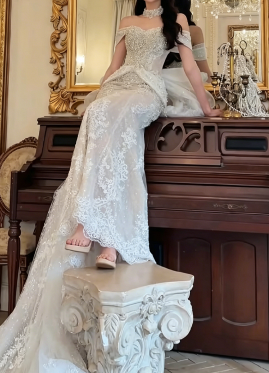 Glam Off-Shoulder Sequins Wedding Dress With Bow Train Beaded Mermaid Bridal Dress GG6308