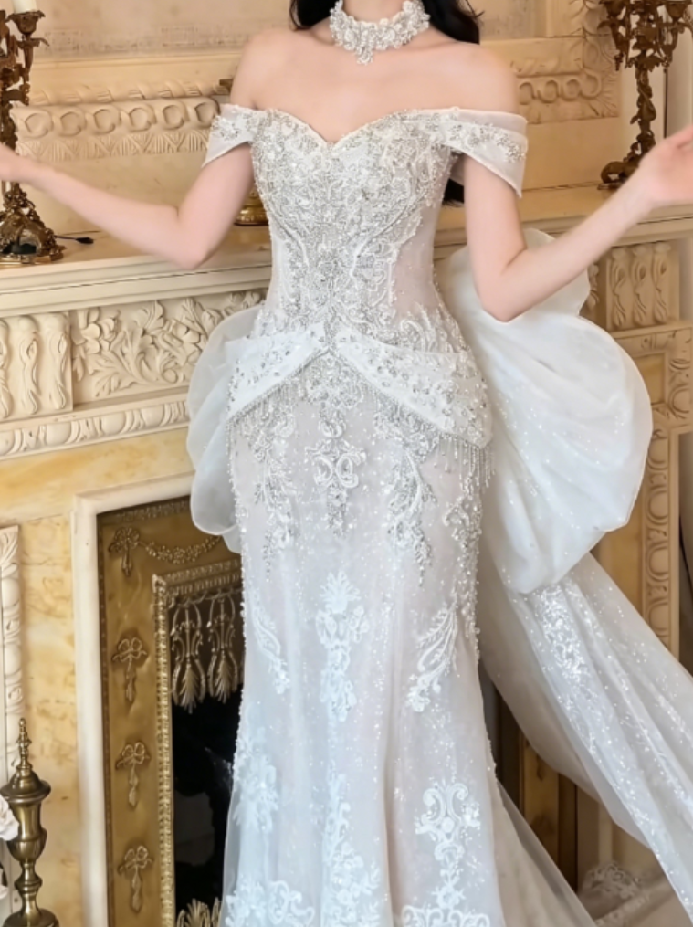 Glam Off-Shoulder Sequins Wedding Dress With Bow Train Beaded Mermaid Bridal Dress GG6308