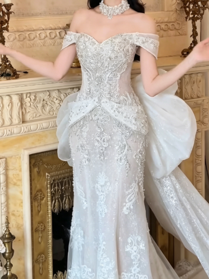 Glam Off-Shoulder Sequins Wedding Dress With Bow Train Beaded Mermaid Bridal Dress GG6308