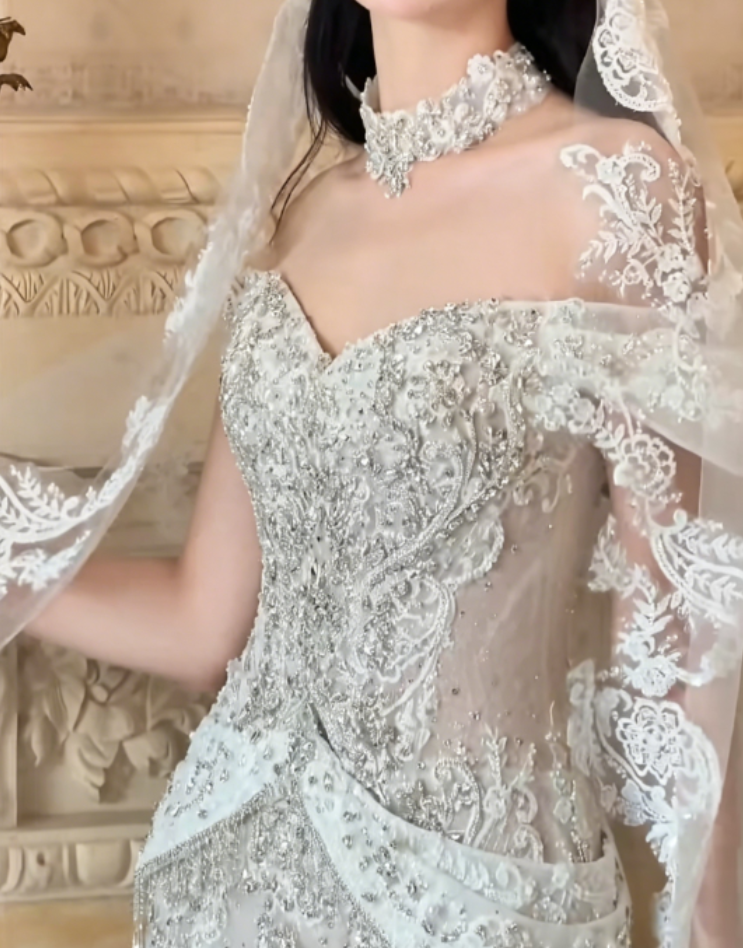 Glam Off-Shoulder Sequins Wedding Dress With Bow Train Beaded Mermaid Bridal Dress GG6308