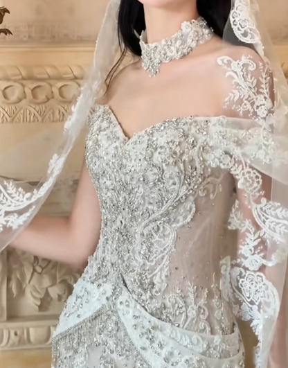 Glam Off-Shoulder Sequins Wedding Dress With Bow Train Beaded Mermaid Bridal Dress GG6308