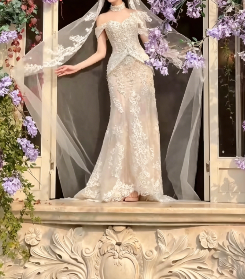 Glam Off-Shoulder Sequins Wedding Dress With Bow Train Beaded Mermaid Bridal Dress GG6308