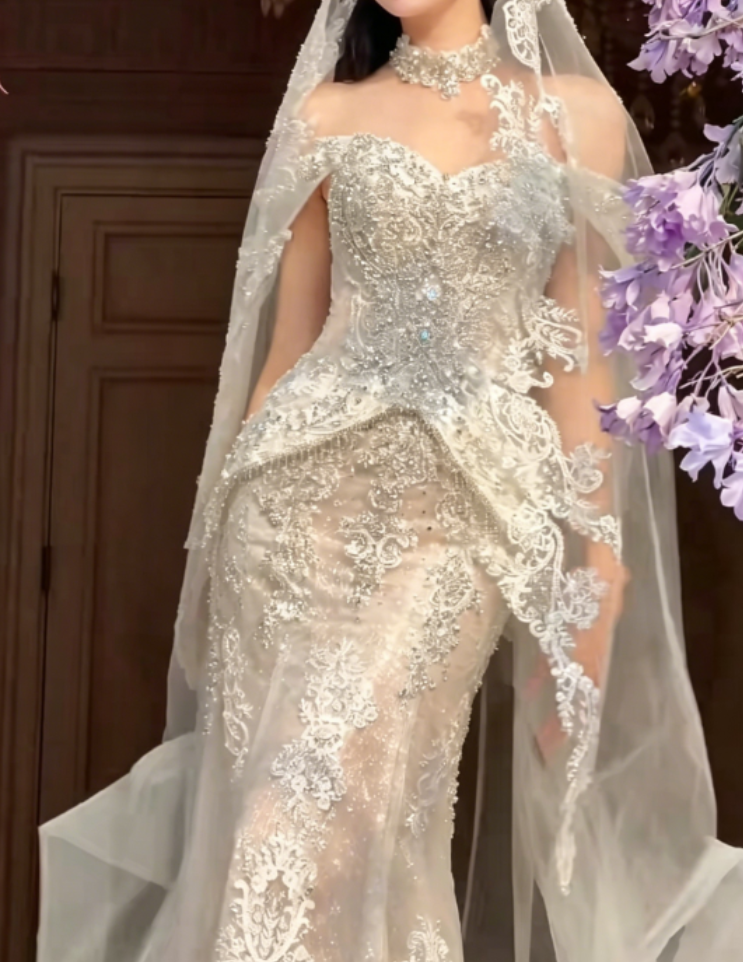 Glam Off-Shoulder Sequins Wedding Dress With Bow Train Beaded Mermaid Bridal Dress GG6308