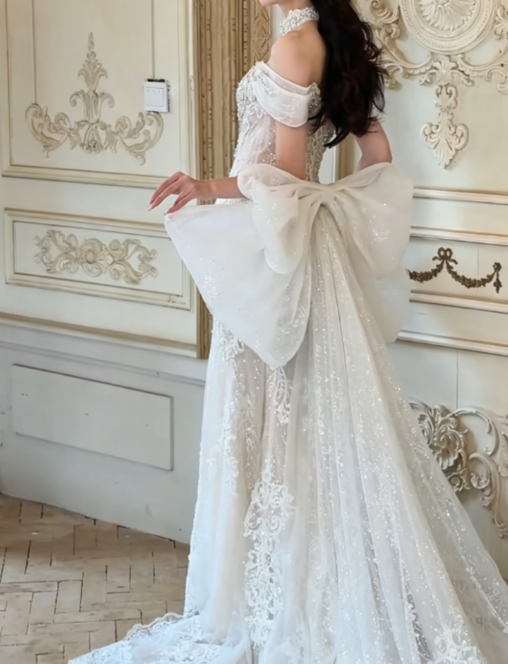 Glam Off-Shoulder Sequins Wedding Dress With Bow Train Beaded Mermaid Bridal Dress GG6308