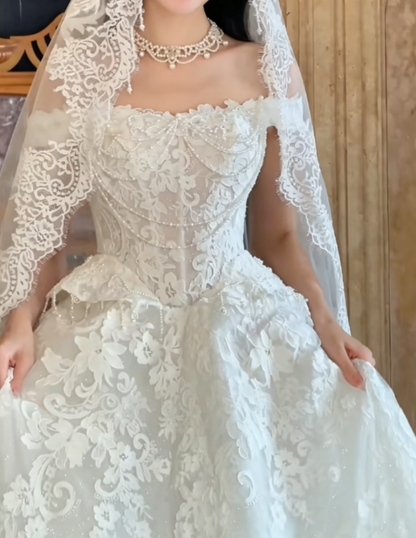 Unique Off-Shoulder Beading Wedding Dress Lace Tassel A-Line Bridal Dress GG6310