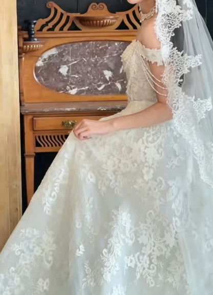 Unique Off-Shoulder Beading Wedding Dress Lace Tassel A-Line Bridal Dress GG6310
